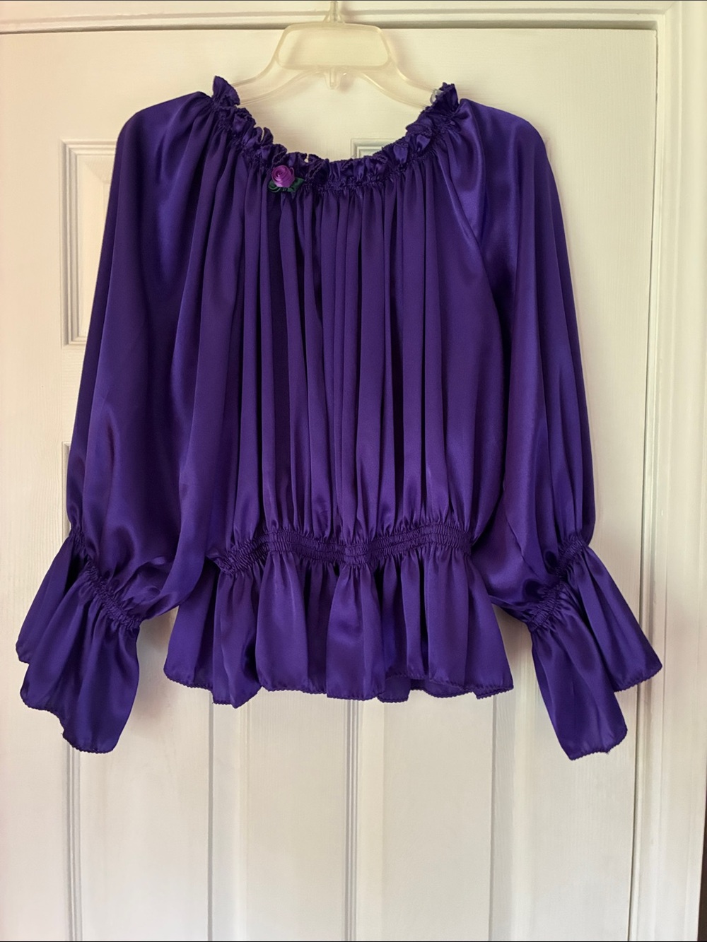Anna Kanya Purple Satin Peasant Top with Ruffled Hem and Sleeves M/L